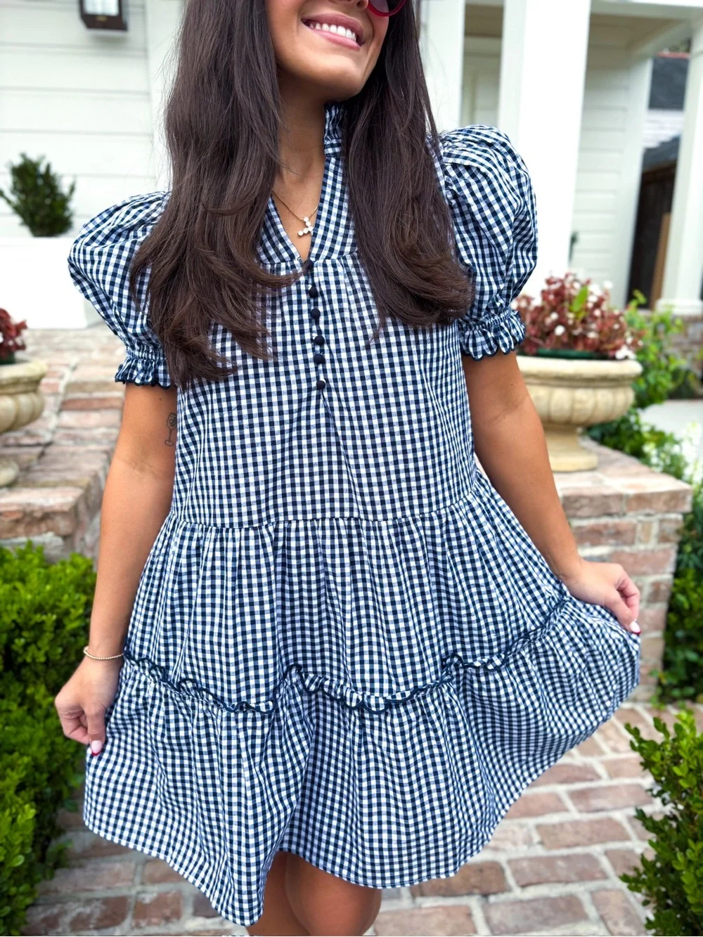 entro Cottage Core Navy and White Gingham Tiered Puff-Sleeve Dress